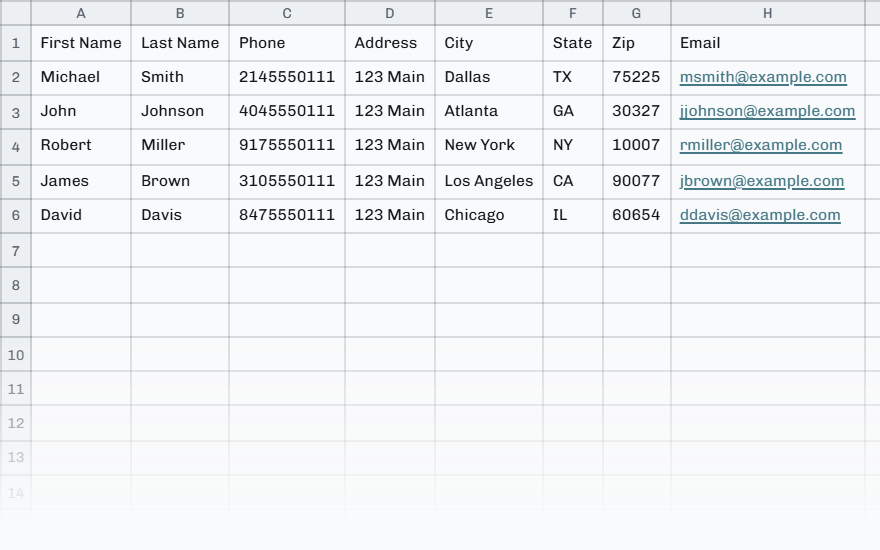 An Excel file with 8 columns: First Name, Last Name, Phone, Address, City, State, Zip and Email. The rows shown are made up.