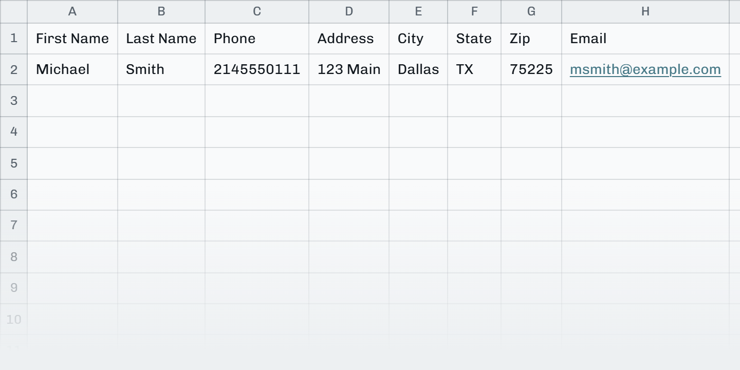 One made-up record in the 8-column Excel layout.